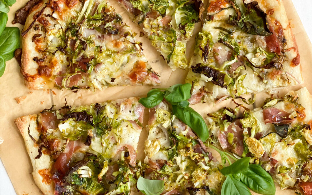 Garlicky Brussels Sprout Prosciutto Pizza