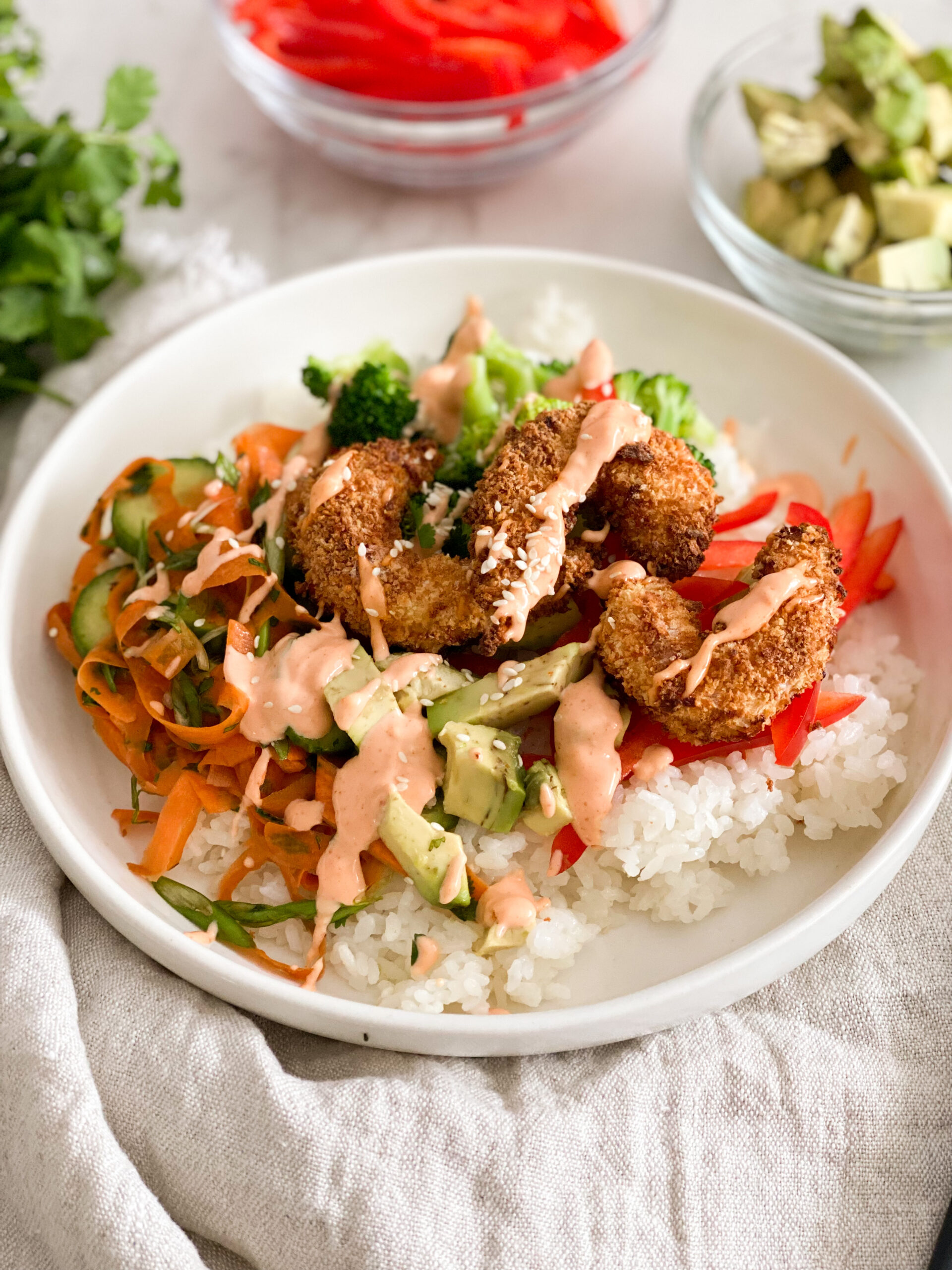 air fryer shrimp and sesame veg bowl