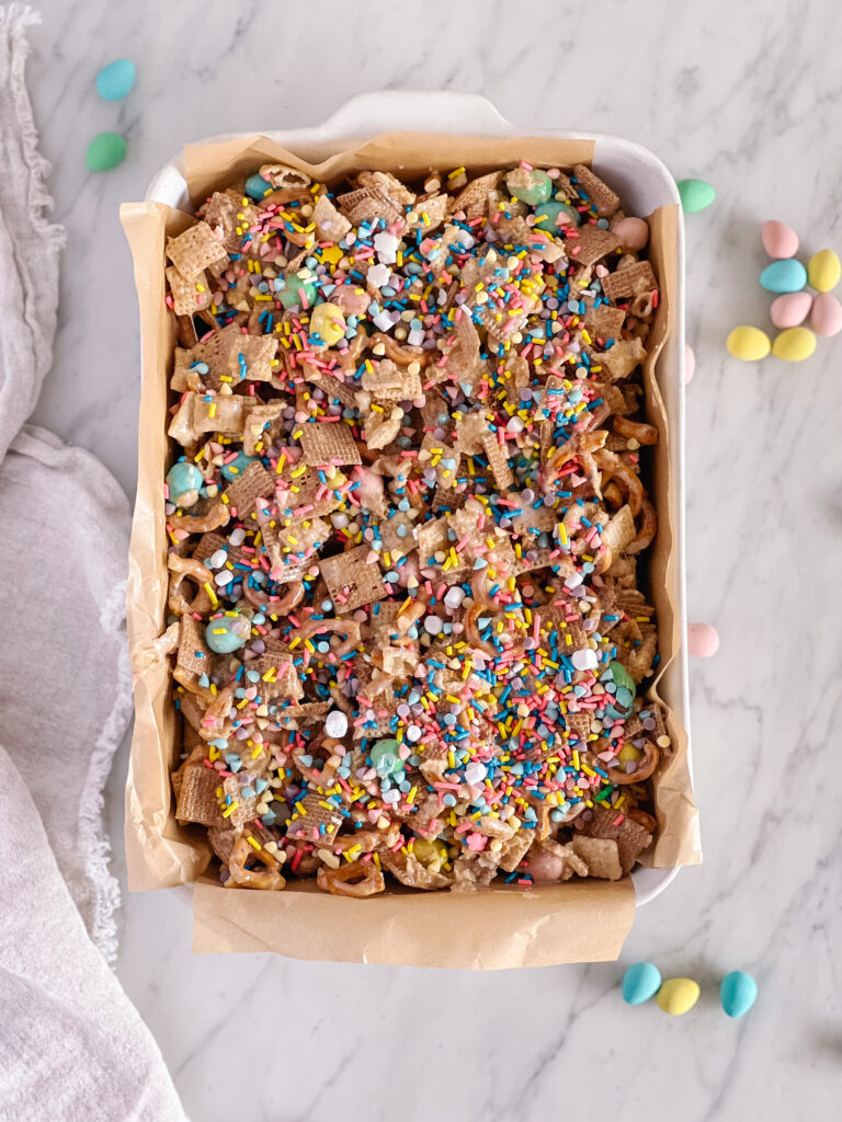 marshmallow cereal mixture in baking dish